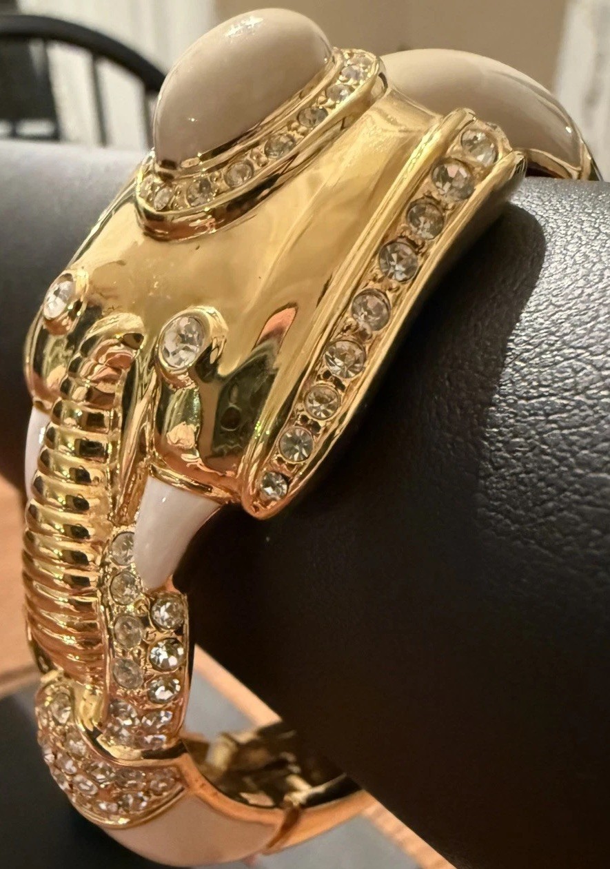 Vintage Elephant Bracelet Gold Toned Cream White Clamped