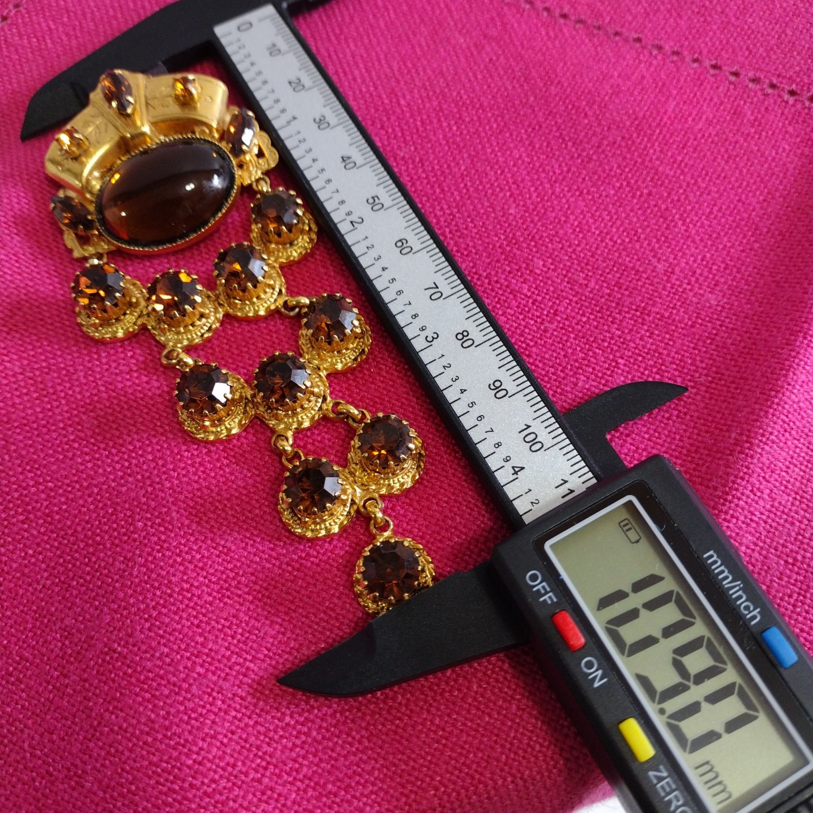 Robert Rose Gold Tone Amber Rhinestone Crown Chandelier Dangle Statement Brooch