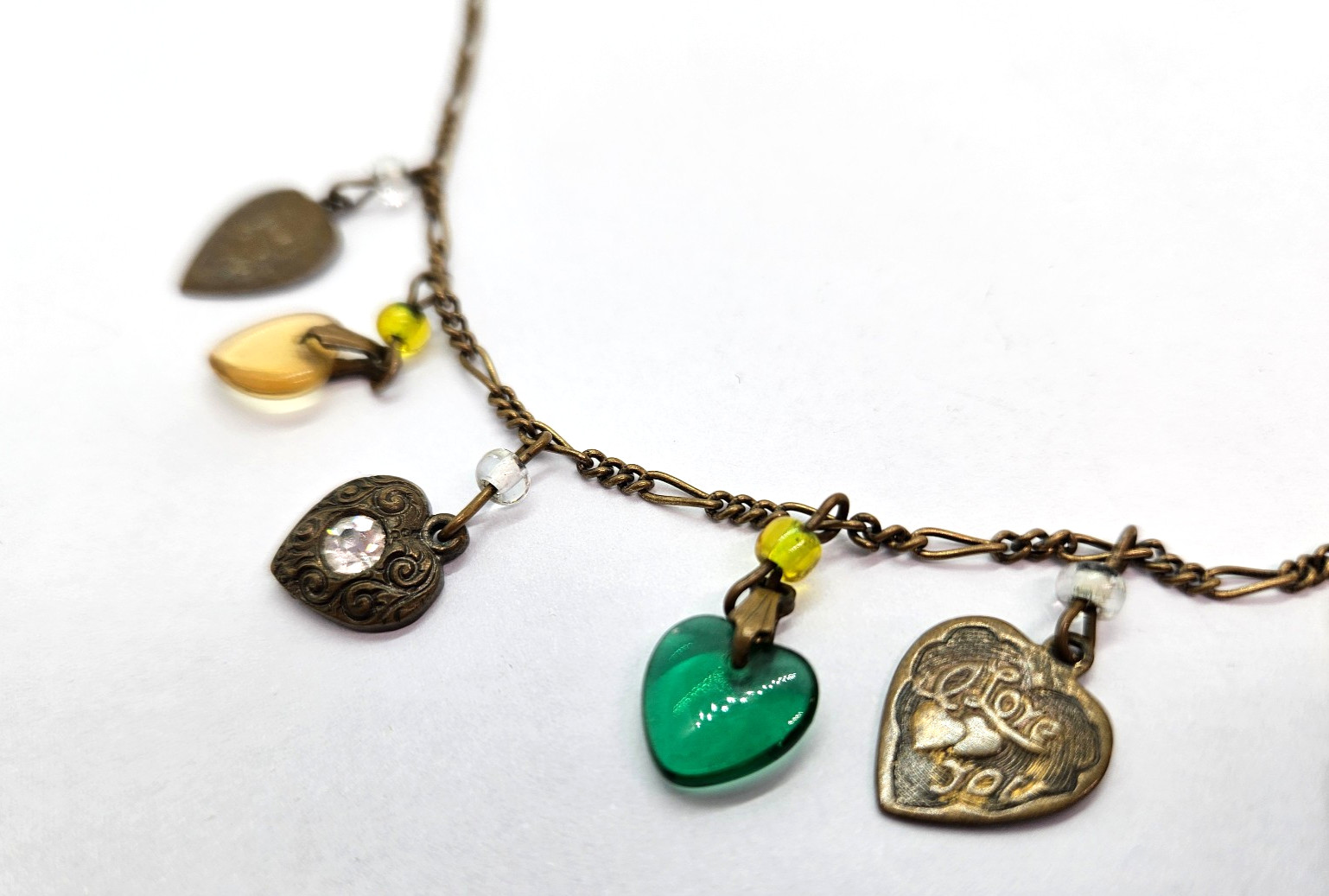 Vintage GLASS WORKS STUDIO Brass Multi Color Glass Heart Necklace 16″