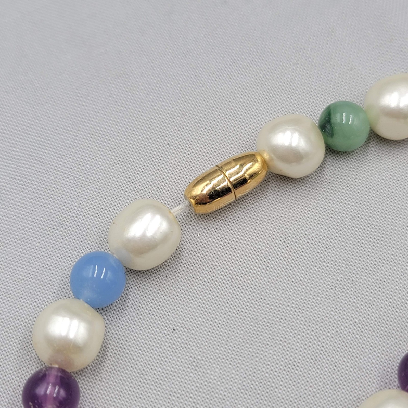 Vintage Bead Necklace Gold tone White Purple Blue Green Long 36″