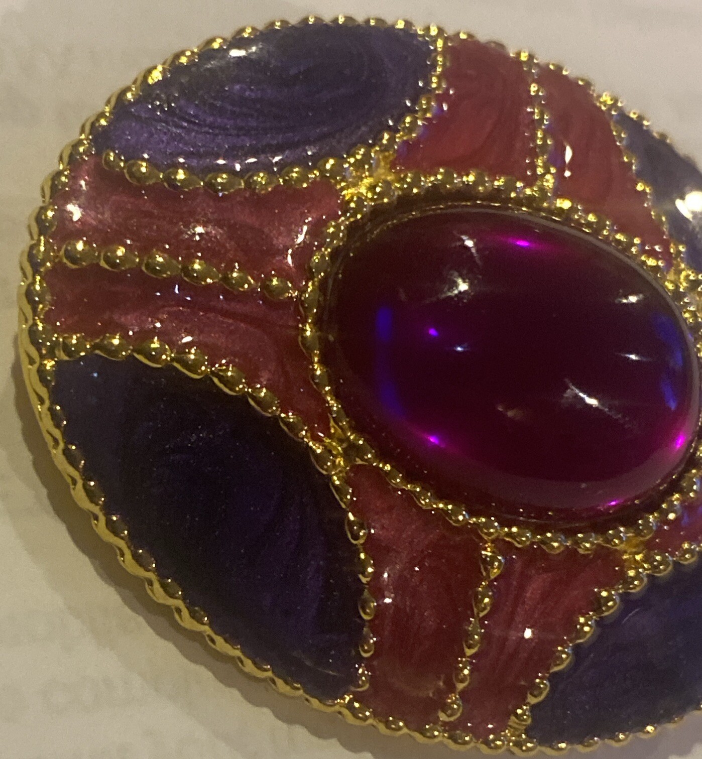 Vintage Gripoix Pink Cabochon W/ Purple Pink Enamel Oval Golden Brooch 2”