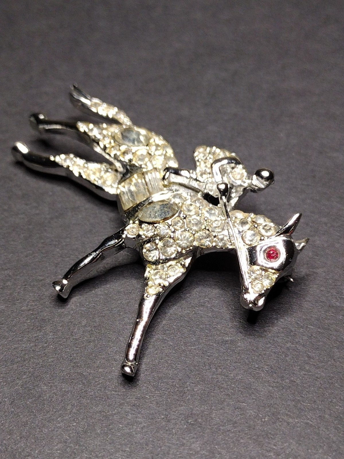 Vtg Rhinestone Equestrian Brooch Pin Derby Race Horse & Rider White Metal PELL ?