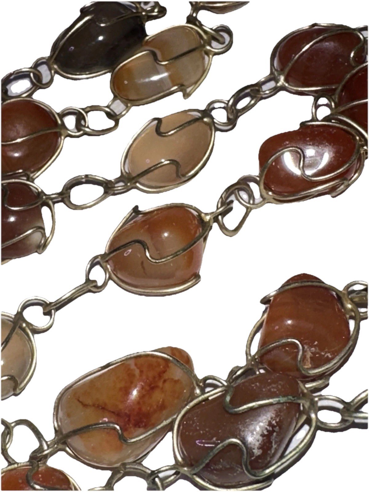 Vintage Agate Stone Necklace 30” Hand Wrapped Brass Wire Chain Boho Earthy