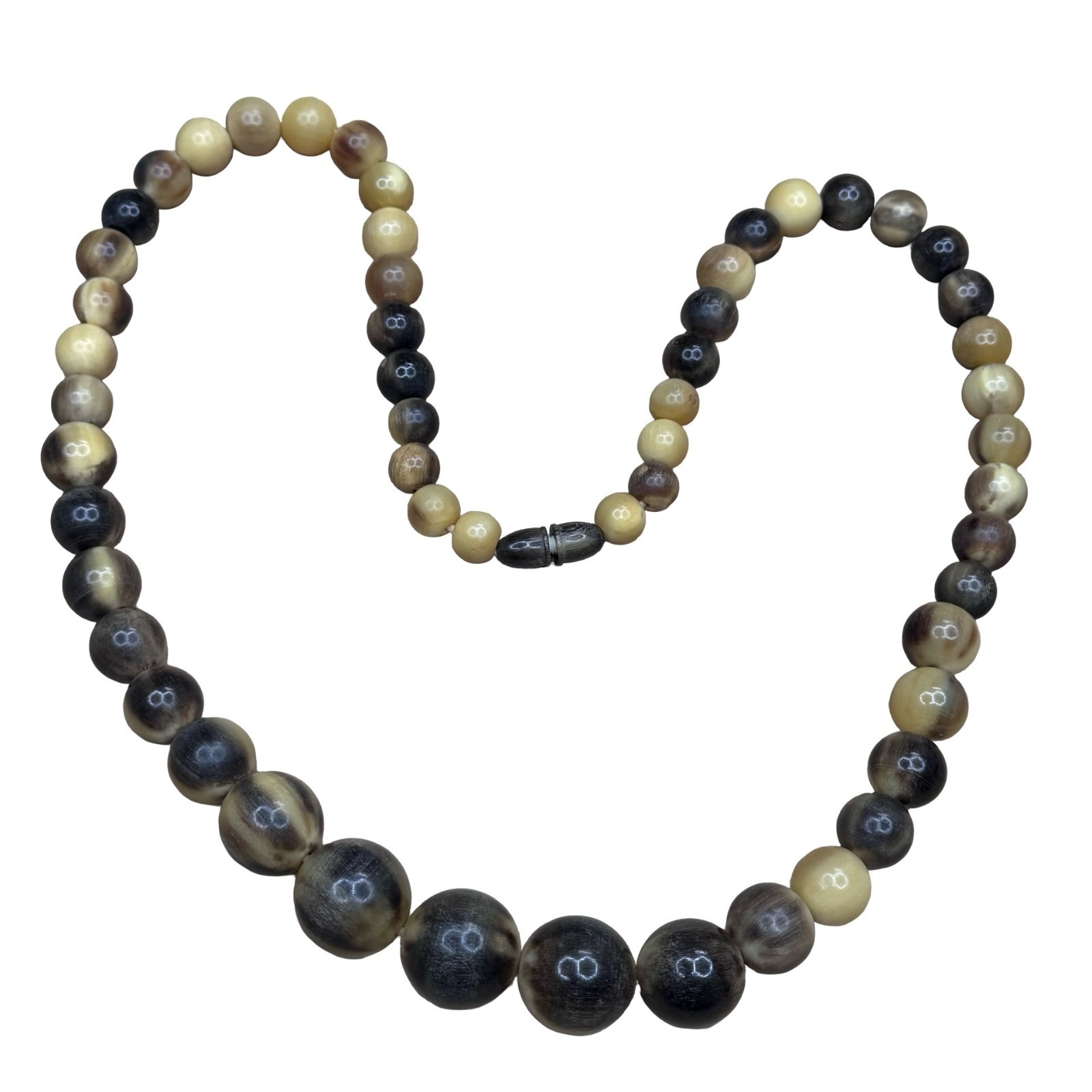 Vintage Statement Natural Horn Beaded Carved Beads Necklace Barrow Clasp Brown
