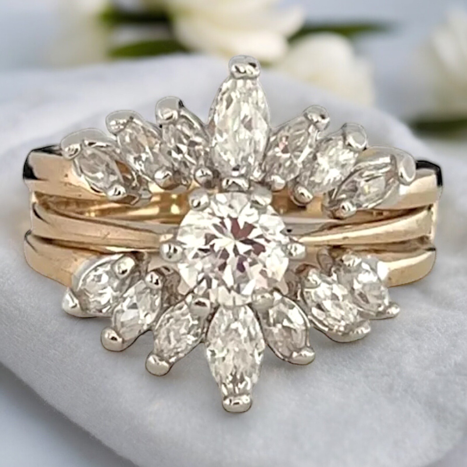 Vintage 1980s Wedding Ring Set Size 8 Cubic Zirconia 14K Gold Plate – 14F