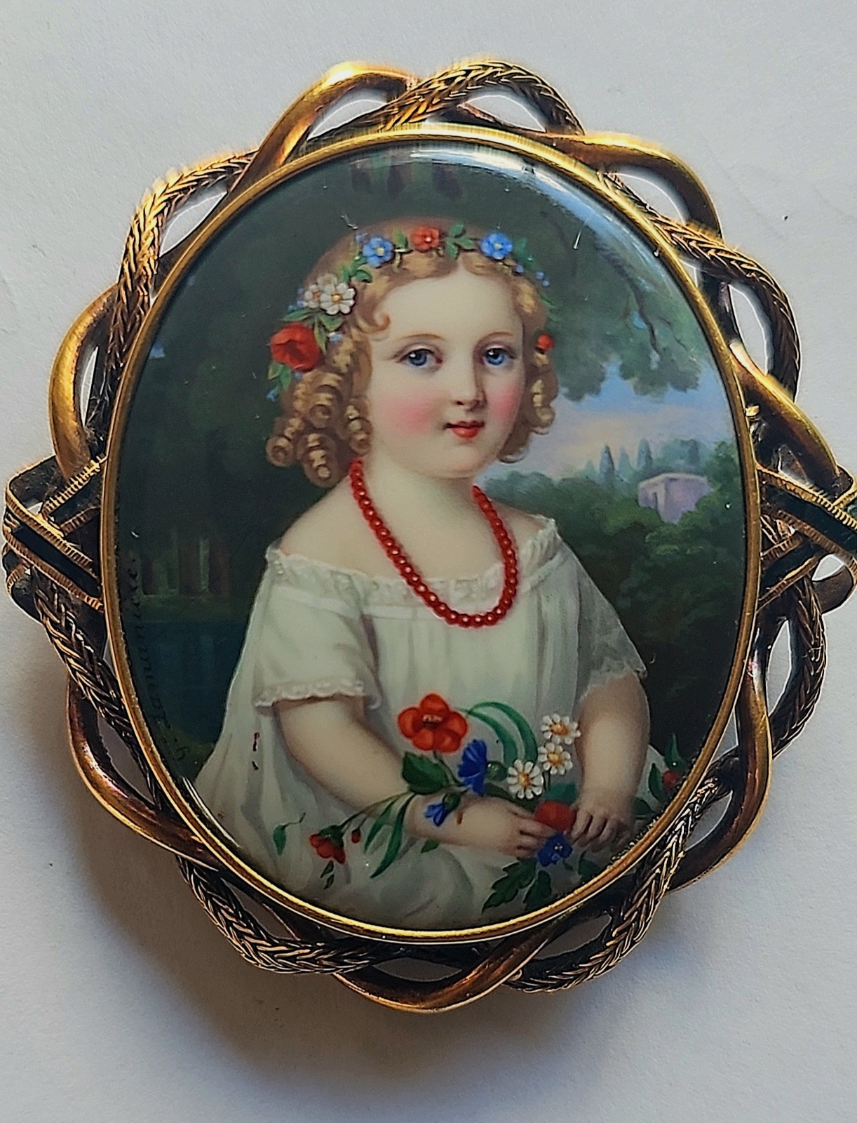 Antique Gaspard Lamuniere Portrait Brooch Enamel 18 K Gold Singed 19thC