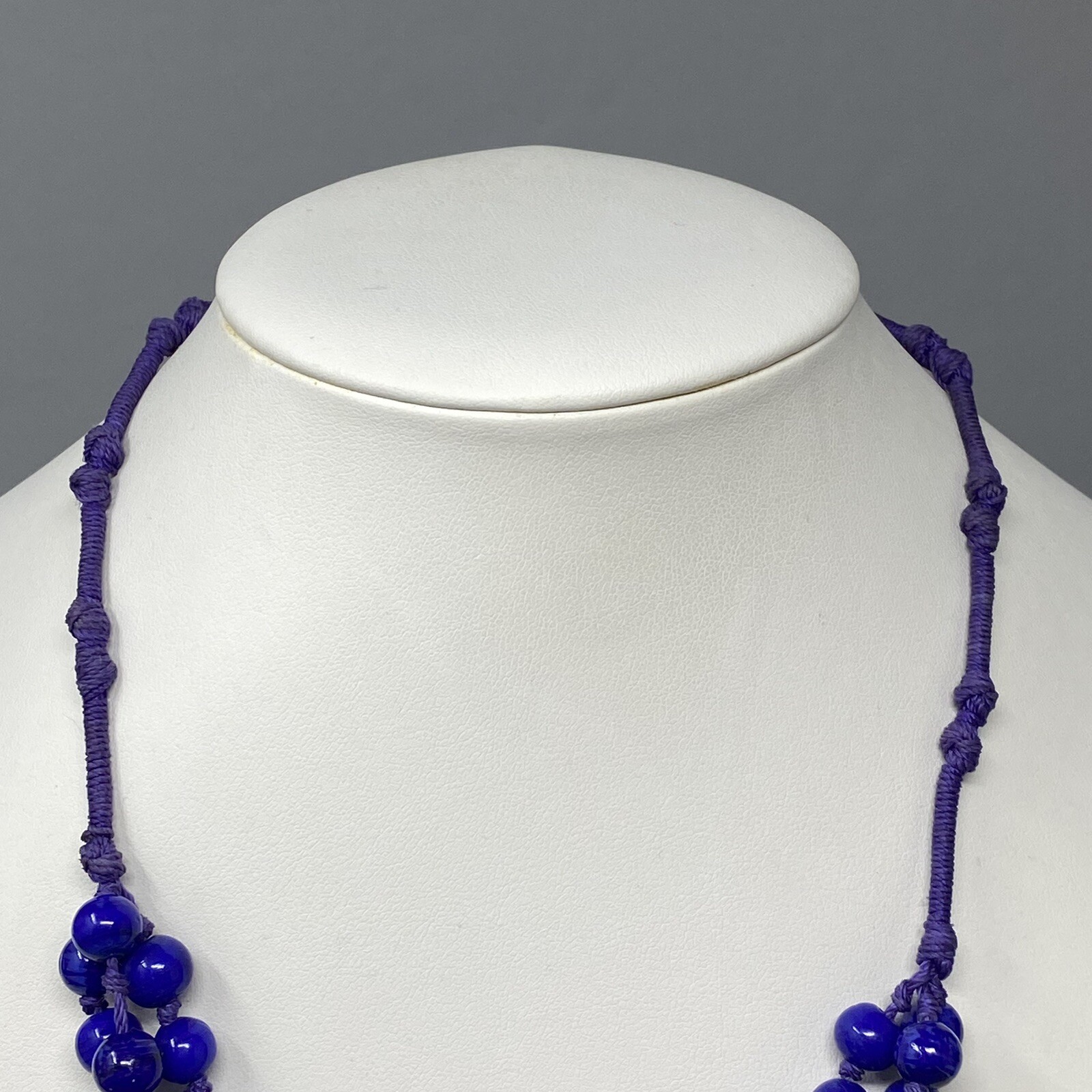 VTG Ceramic Bead Necklace Blue Marble Hand Knot Cord Chain Multi Strand Boho 21″