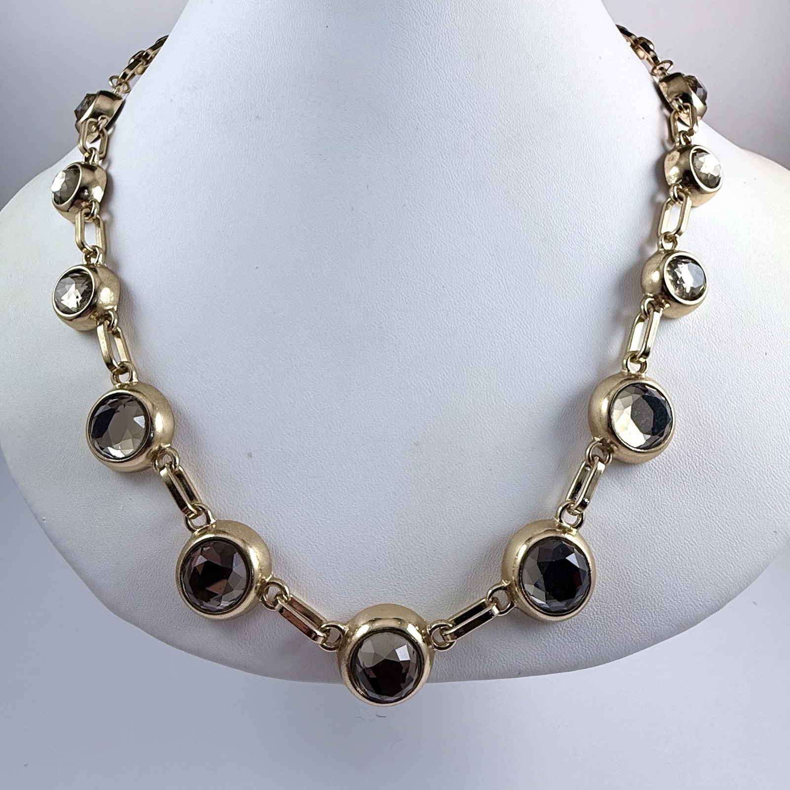 Vintage COLDWATER CREEK Smokey Gray Rhinestone Station Gold Tone Necklace 22″