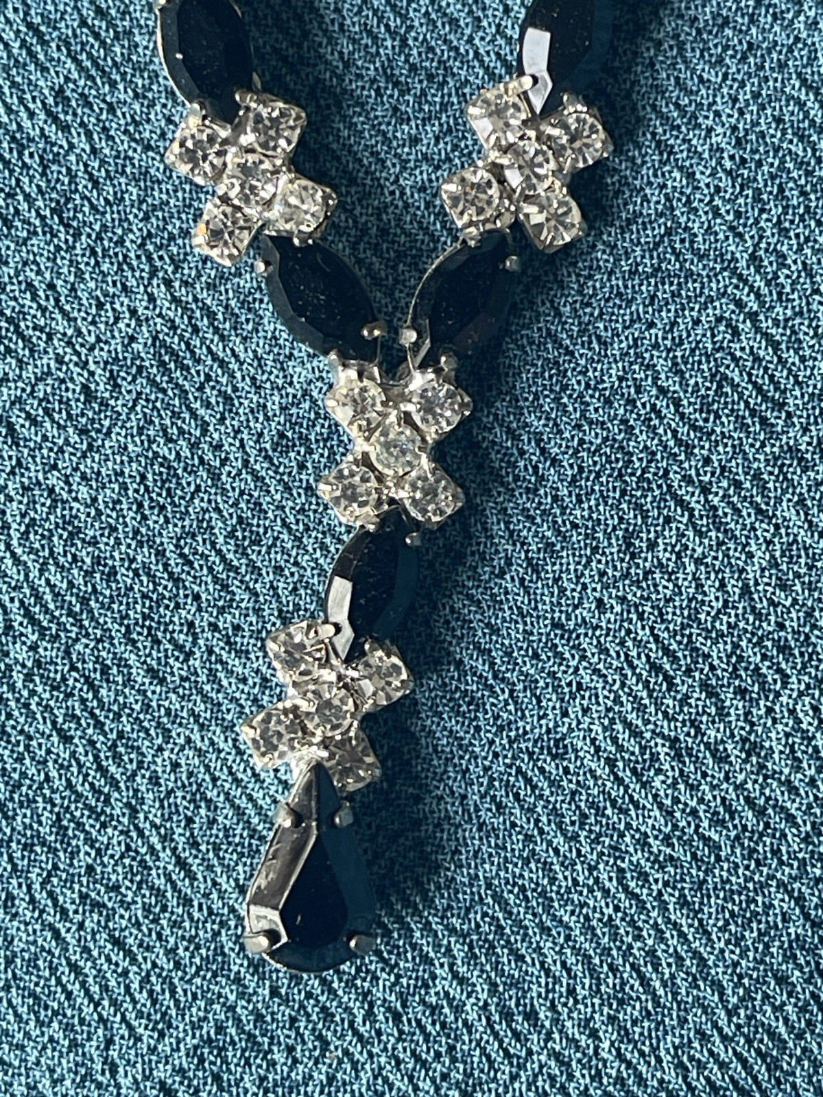 Vintage Rhinestone Necklace & Earrings Black Clear Stones Bridal Prom Jewelry