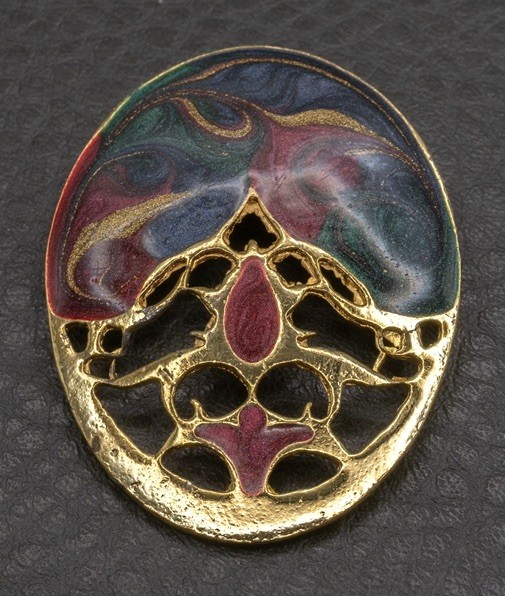 Vintage Enamel Brooch Green Blue Red 80’s 90’s Iridescent Swirl Gold Tone Glam