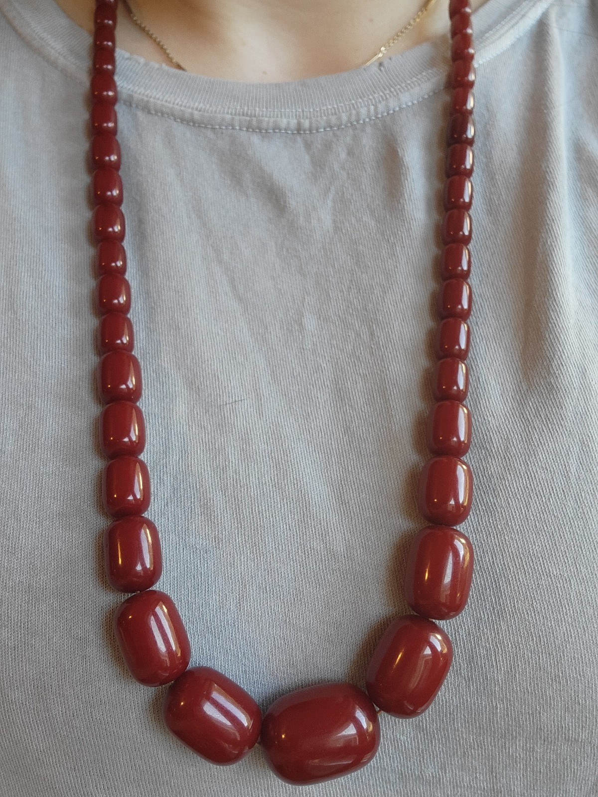 Cherry Amber Bakelite Barrel Prayer Bead Necklace – 76 Grams