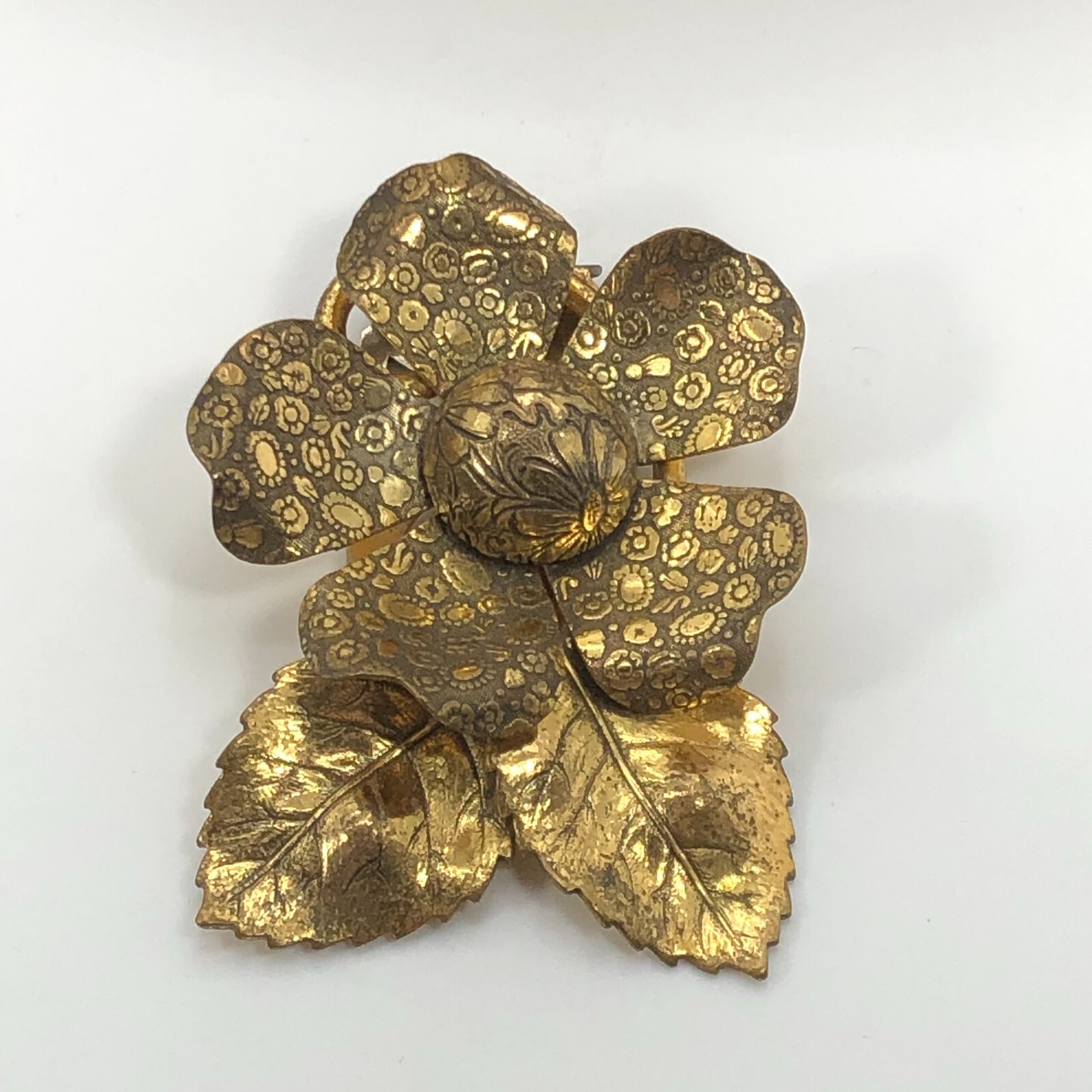 Vintage Flower & Leaves Dress Clip Brooch Gold Tone 1940s Estate Find