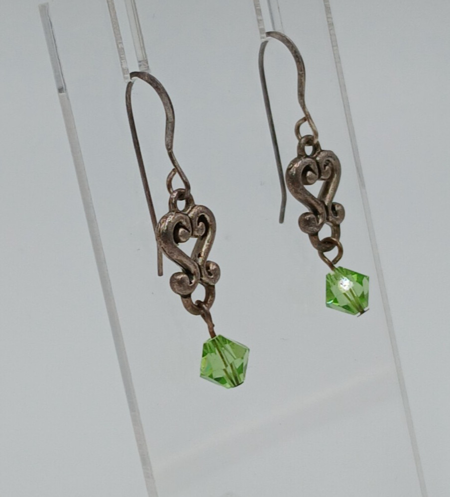 VTG 925 Green Bicone Crystal Earrings 1.25in Drop Sterling Silver Heart Scroll