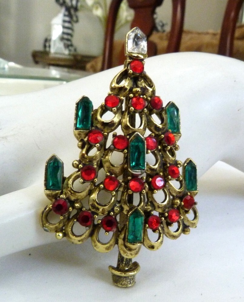 VINTAGE HOLLYCRAFT MCM CANDLES RED GREEN RHINESTONE ORNAMENTS CHRISTMAS TREE PIN