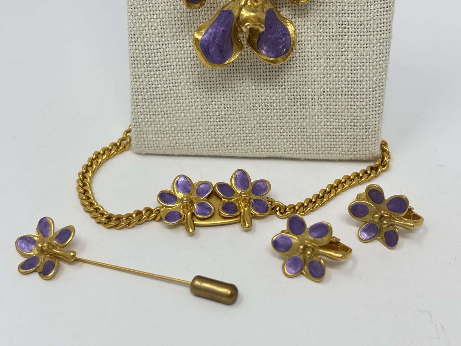 Purple Enamel Orchid Jewelry Necklace Set Pendant Bracelet Earring Pin Vintage