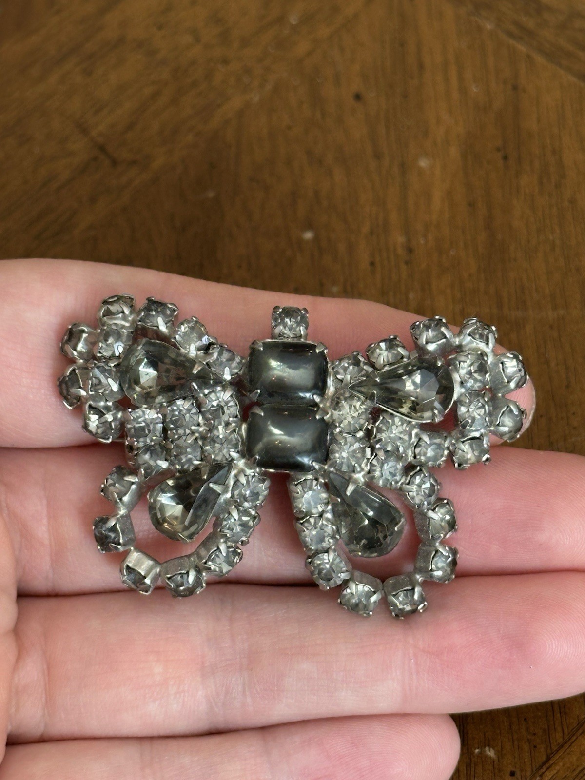 Vintage Smoky Gray Rhinestone Butterfly Brooch Silver Tone Nice!