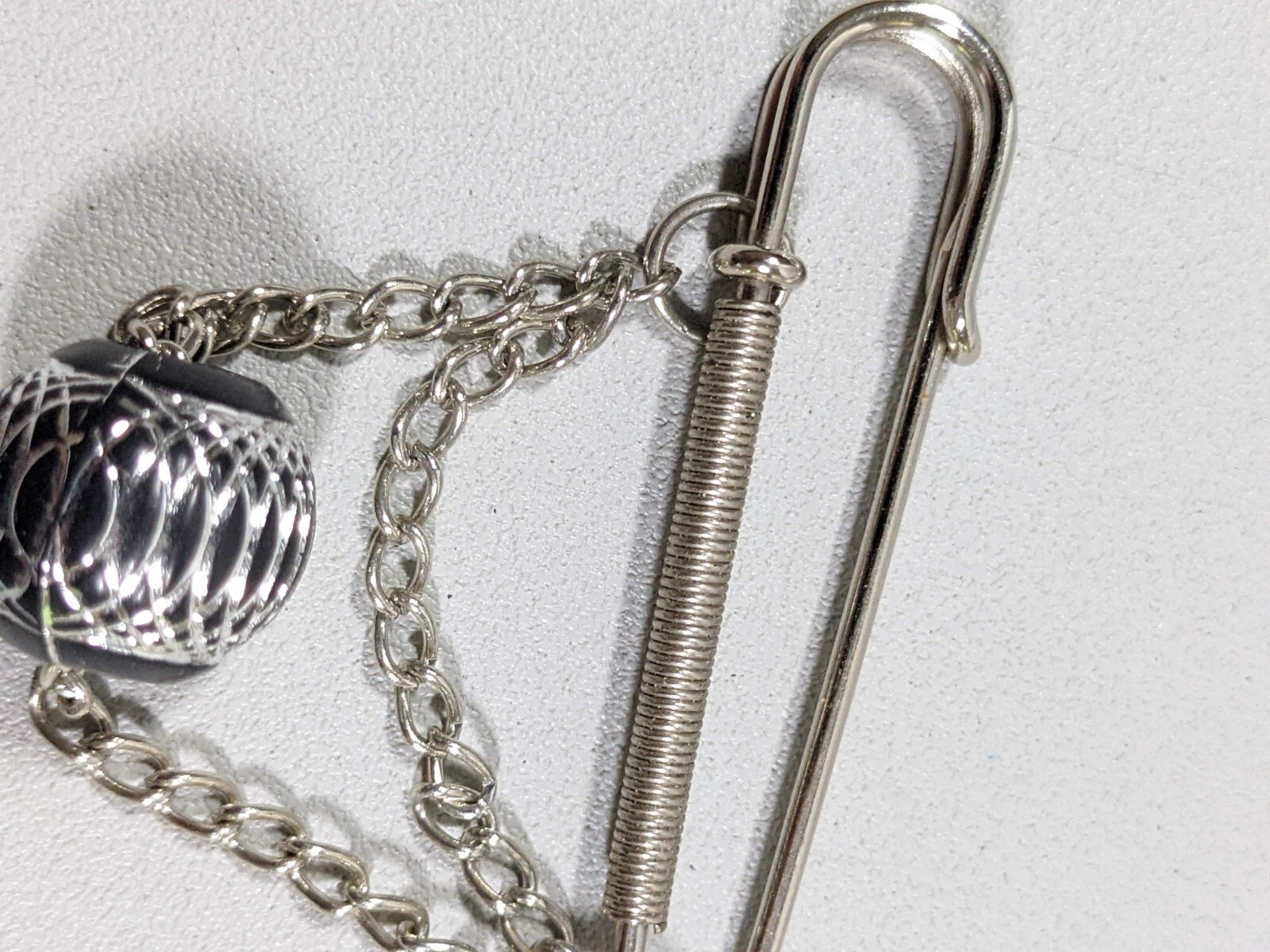 Silver Tone Safety Pin Brooch Charm Holder Black Bead with Chain