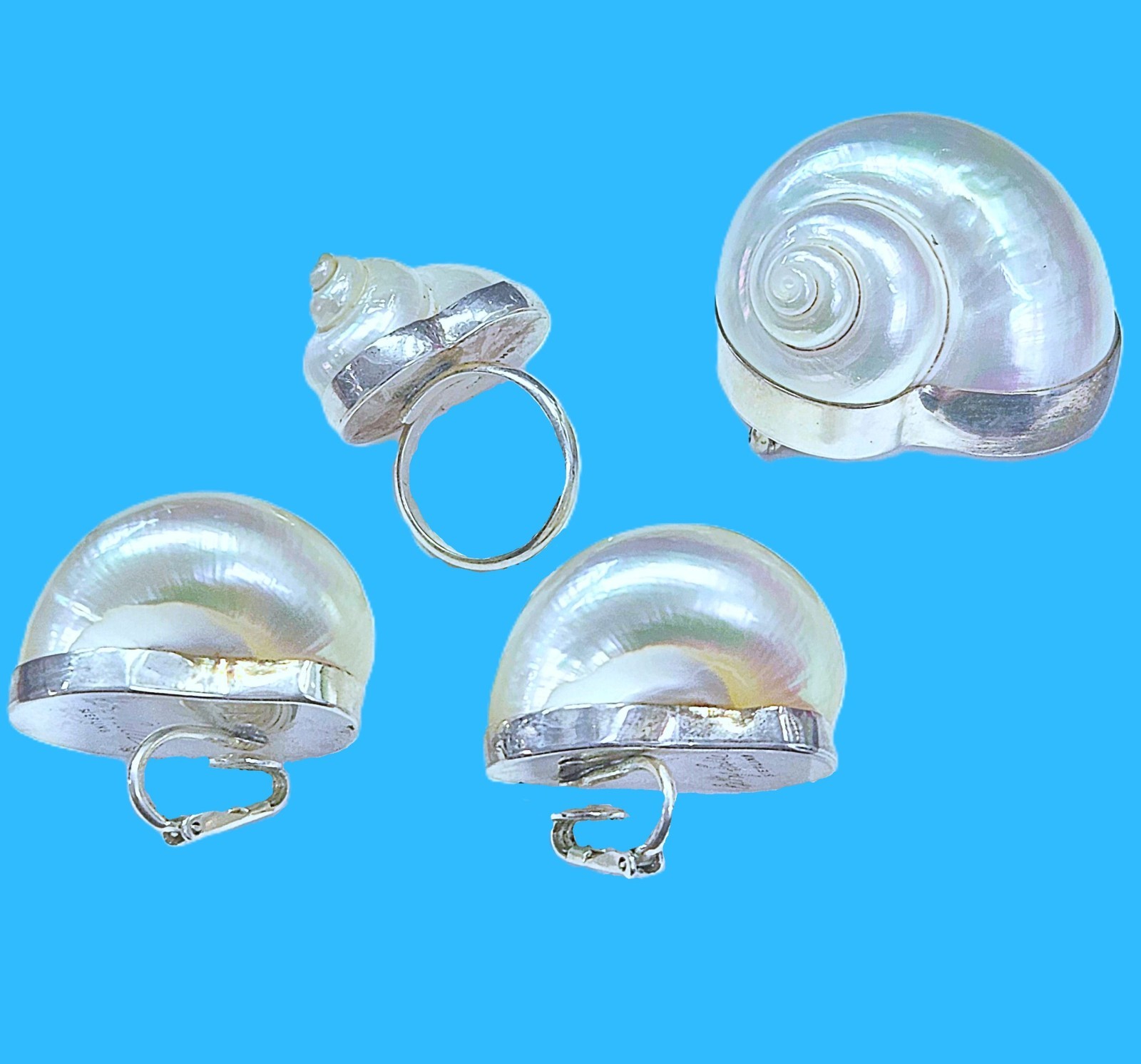 Vtg Betsy Fuller Sterling Silver Seashell Parure Set – Earrings, Brooch and Ring