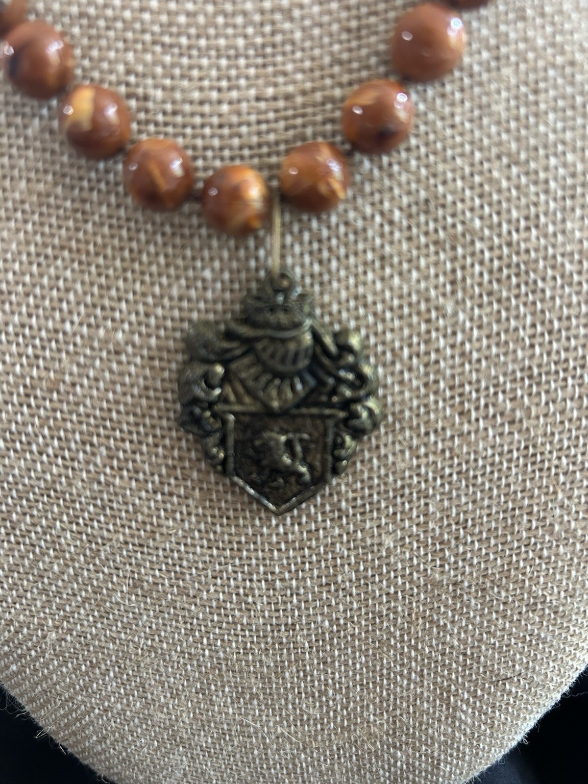 Vintage Boho Beaded Statement Necklace Ornate Heraldic Shield Crest Pendant