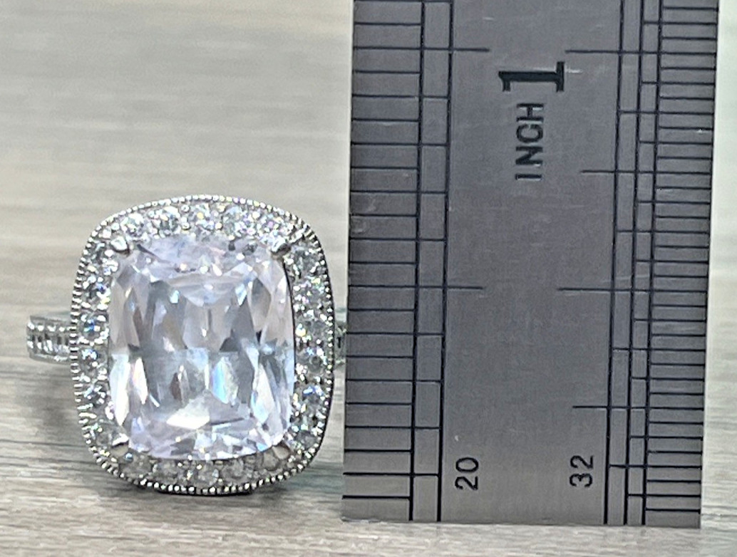 Signed PAJ Sterling 925 Clear CZ Cushion Cut Ring Halo With Side Stones SZ 8 6g