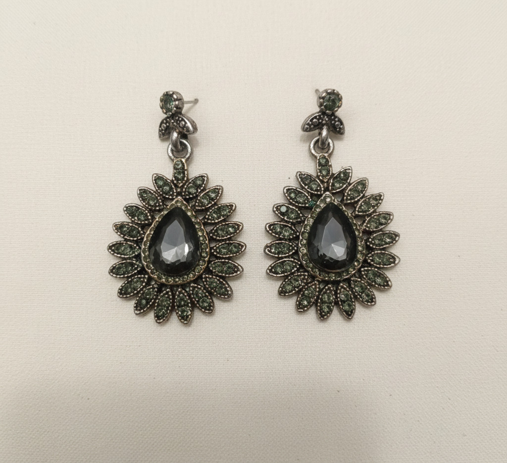 Vintage-Style Emerald & Onyx Teardrop Halo Dangle Earrings