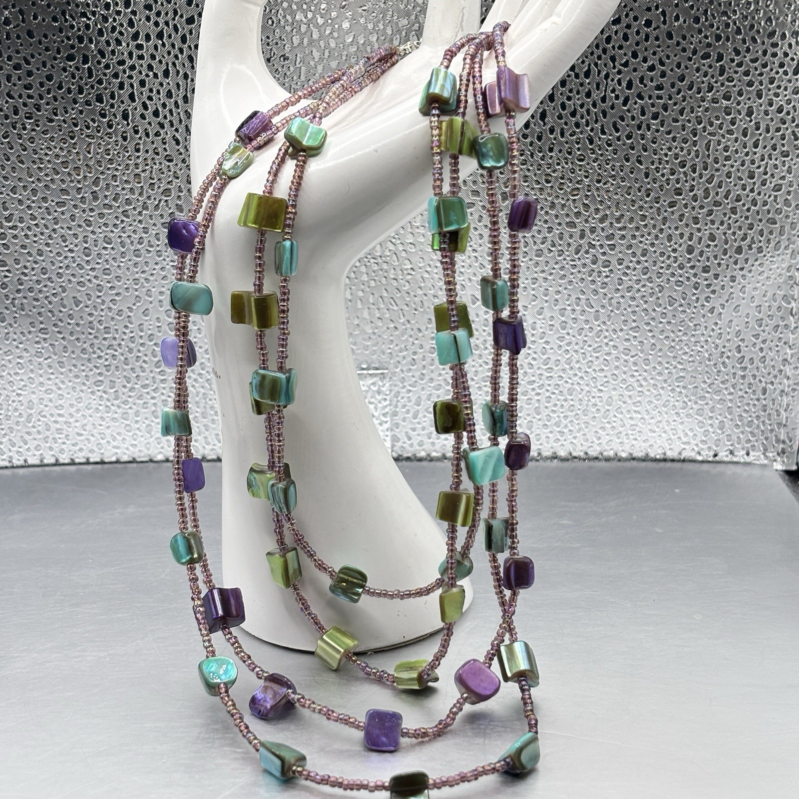 4-Strand Shell MOP Abalone Necklace Purple Blue & Seed Beads 15” + 2” Ext Jewels