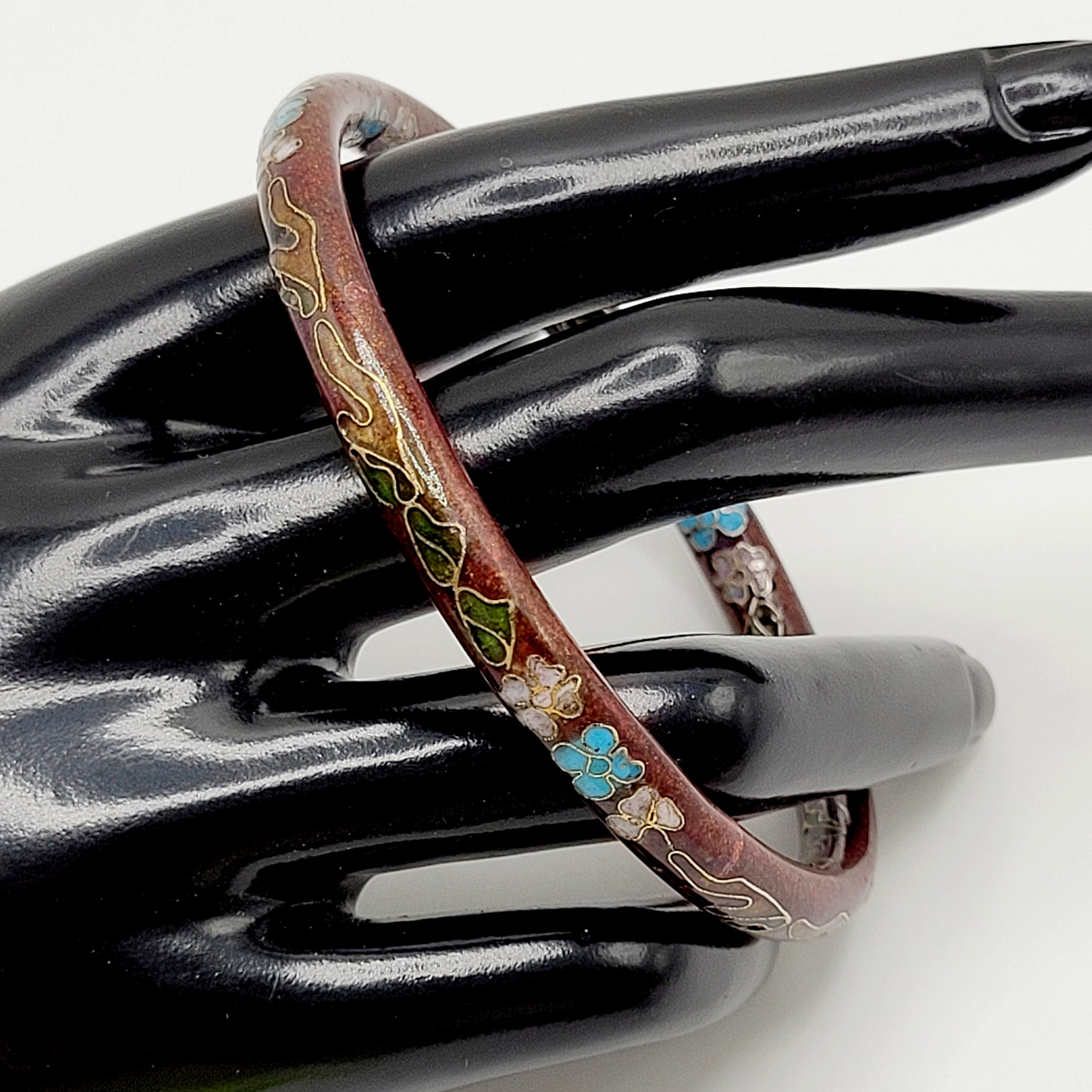 Cloisonné Deep Red Enamel Floral Hand Painted Asian Inspired Bangle Bracelet