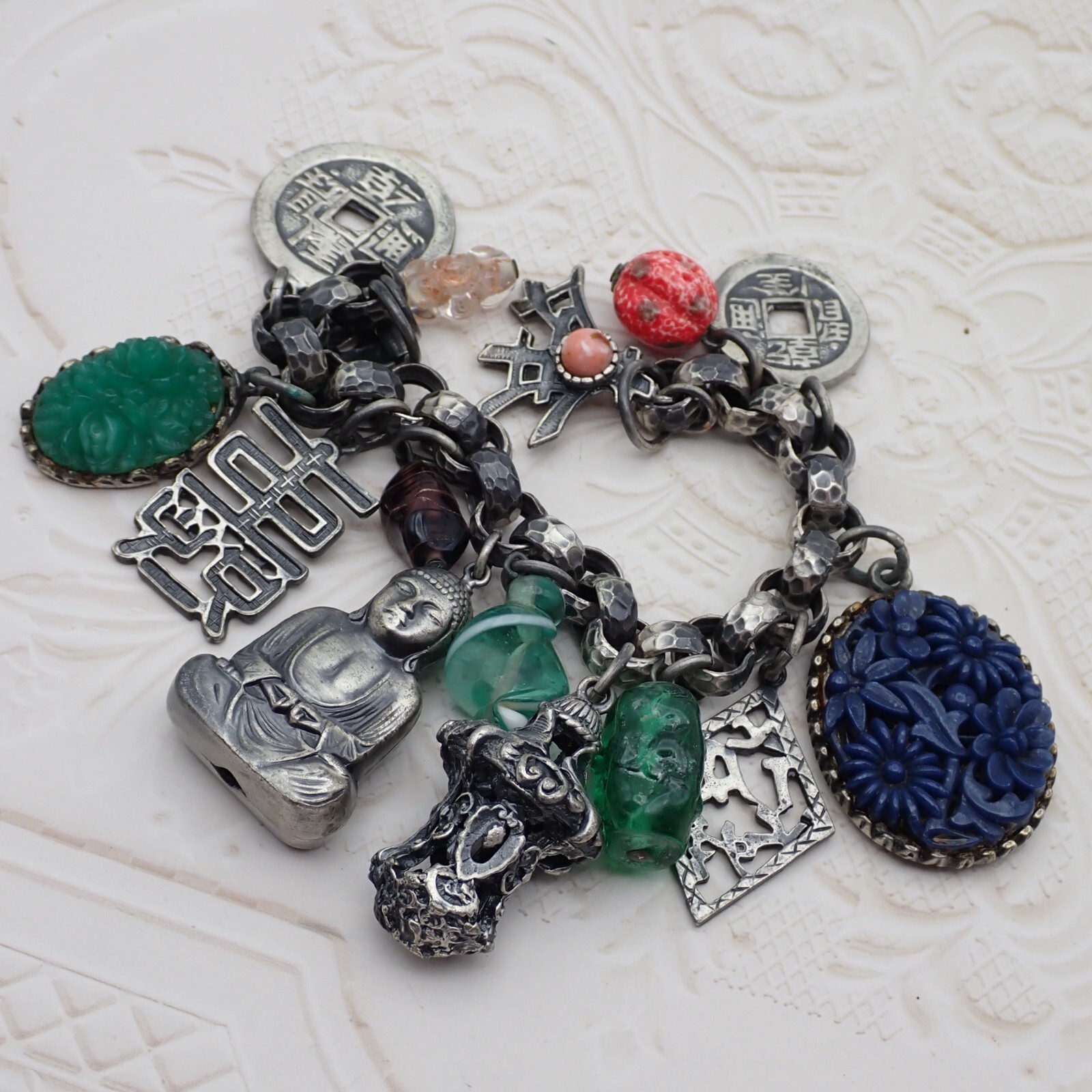 VTG Germany Unsigned Napier Buddha Shangri-La 7″ 14 Charm Chunky Bracelet