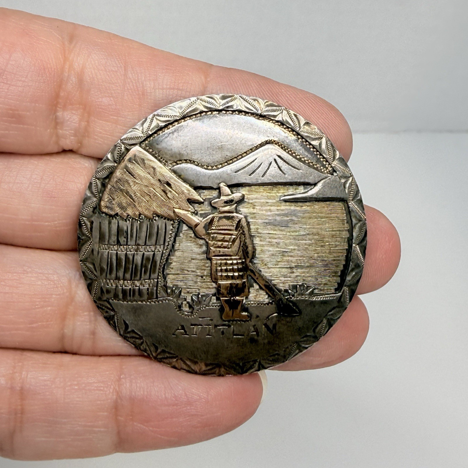 Vintage Guatemala Mixed Metal Round Brooch Stamped Atitlan Guatemala 900