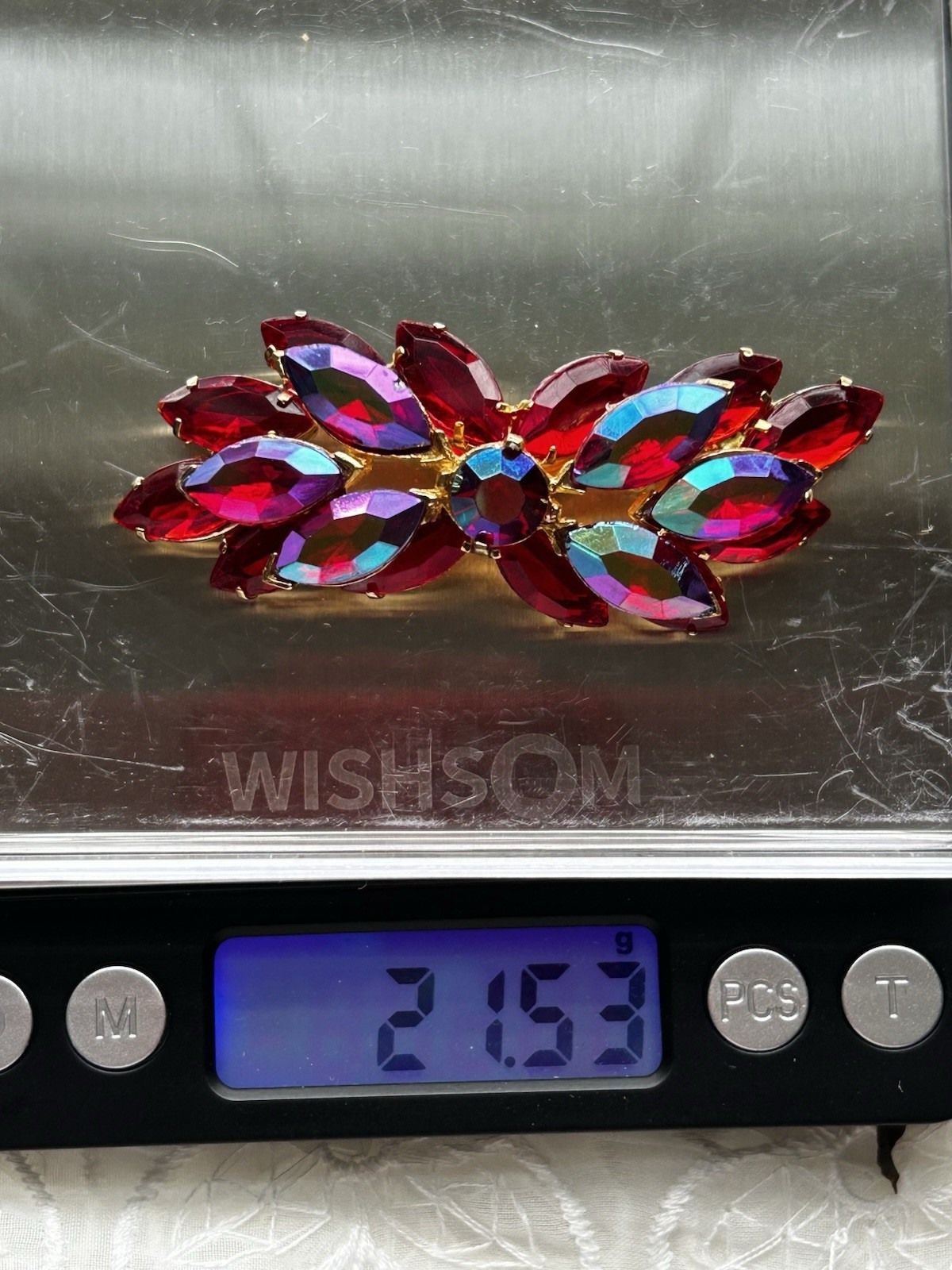 Vintage Red AB Marquise Rhinestone Gold Tone Cluster Brooch Pin 21g