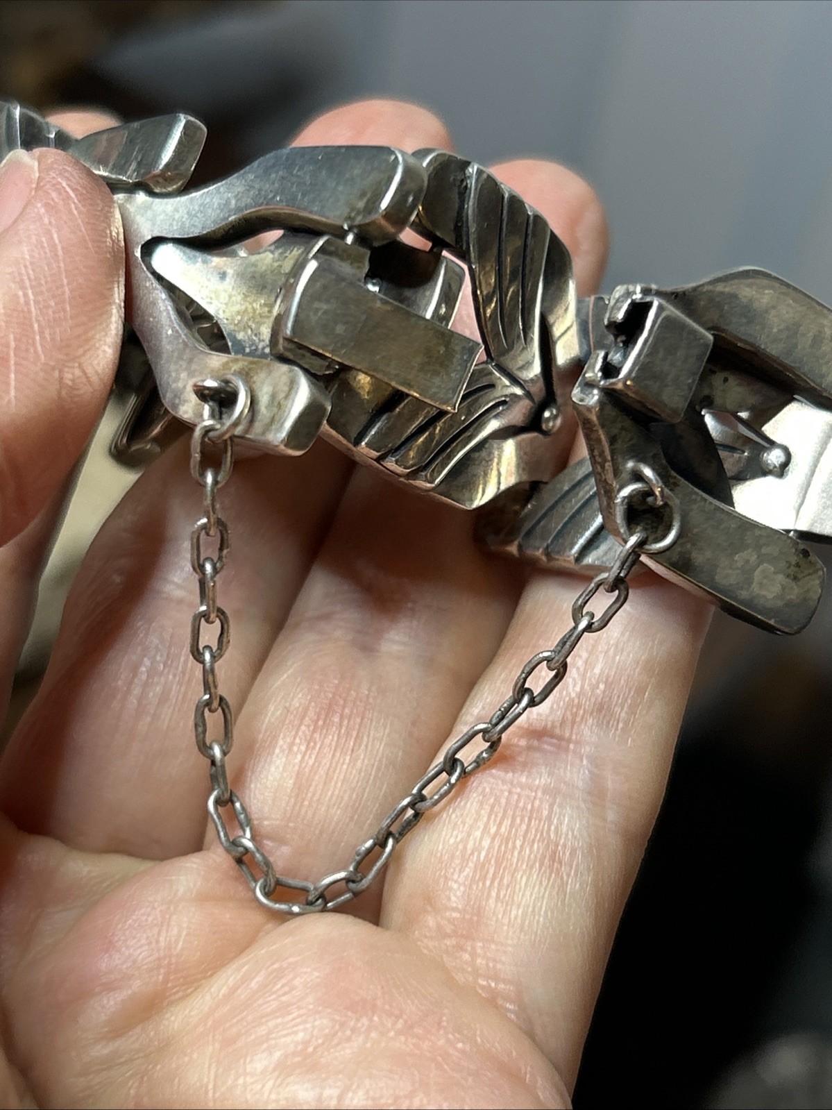 54. Vintage Maricela TAXCO 925 Sterling Linked Panel Bracelet 81.5g, 6 3/4″ Mex