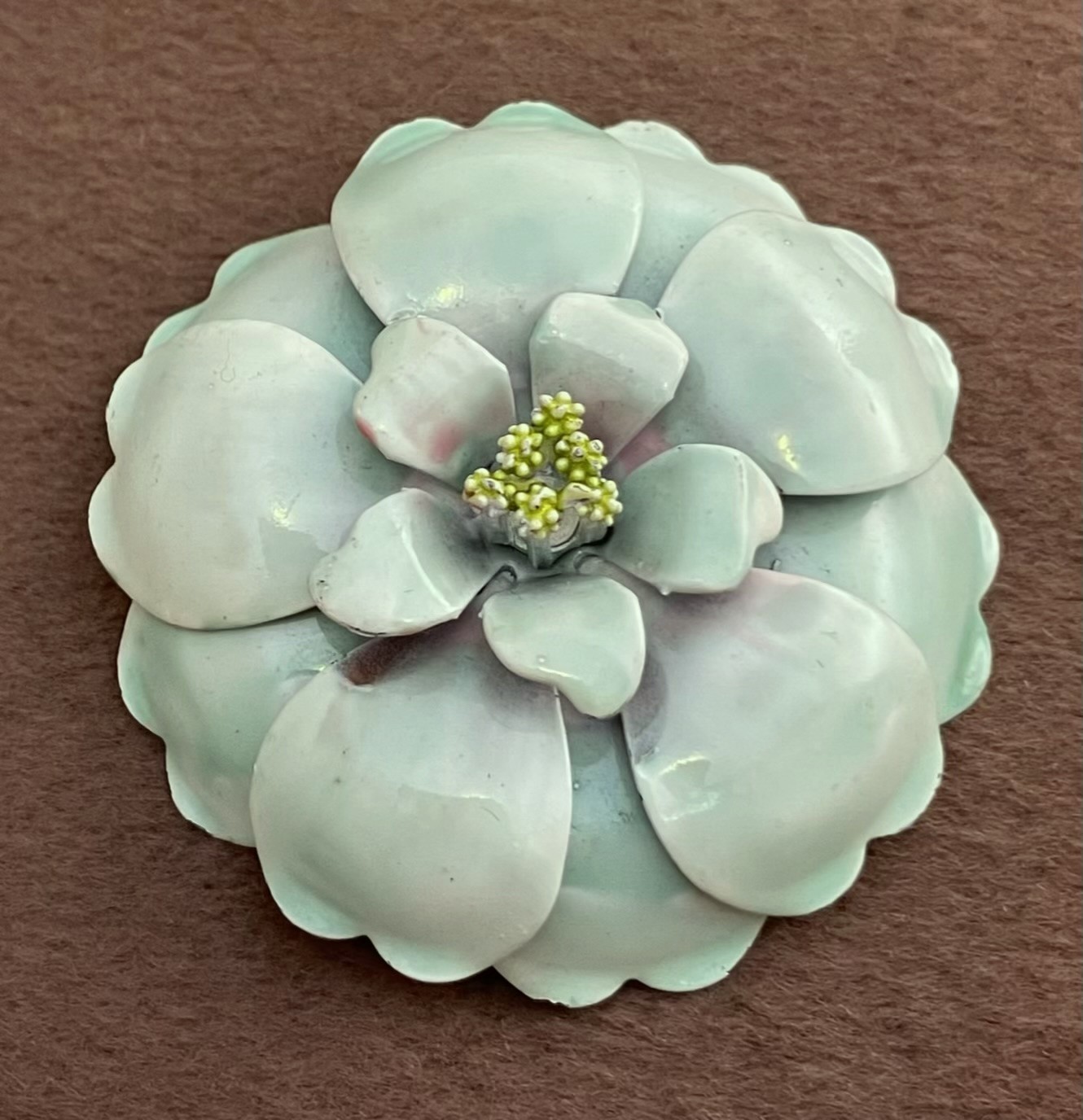 Vintage Enamel on Copper Floral Brooch Light Green 3D Poppy Flower Power 2.25″