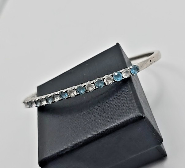 Vintage Signed SUN Sterling Silver Blue Topaz White Sapphire Cuff Bracelet 10.4g