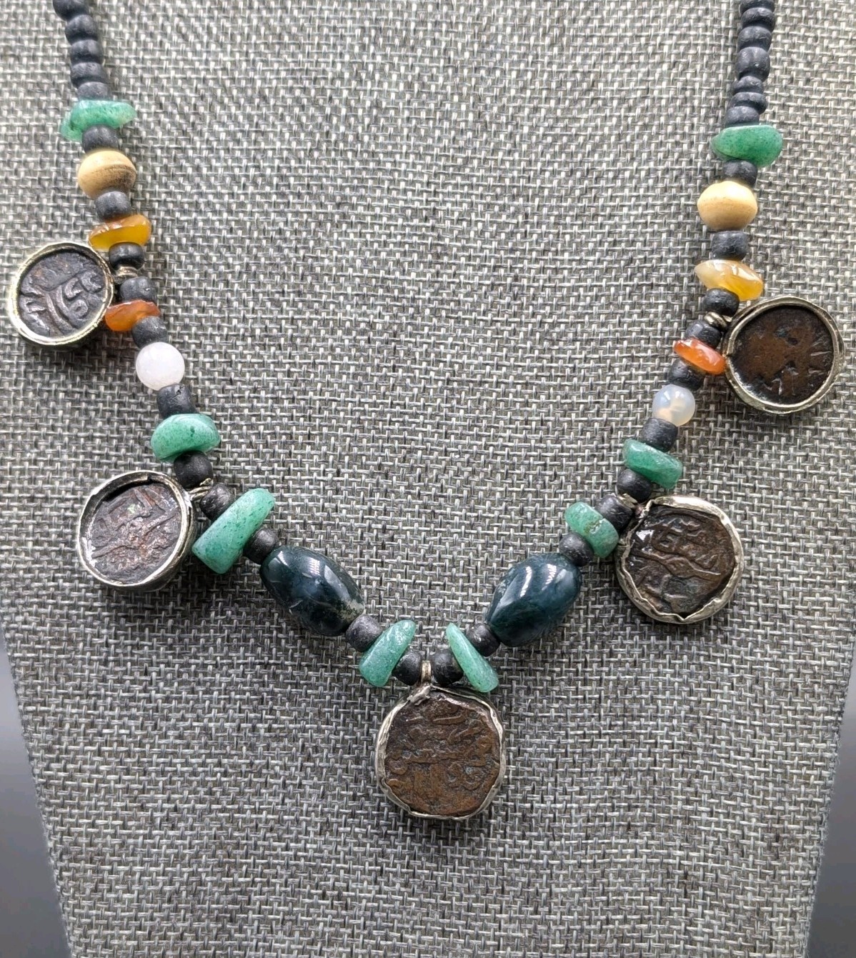 Vtg Ancient Silk Road Islam Mamluk Coin Stone Beads Sterling 925 Clasp Necklace