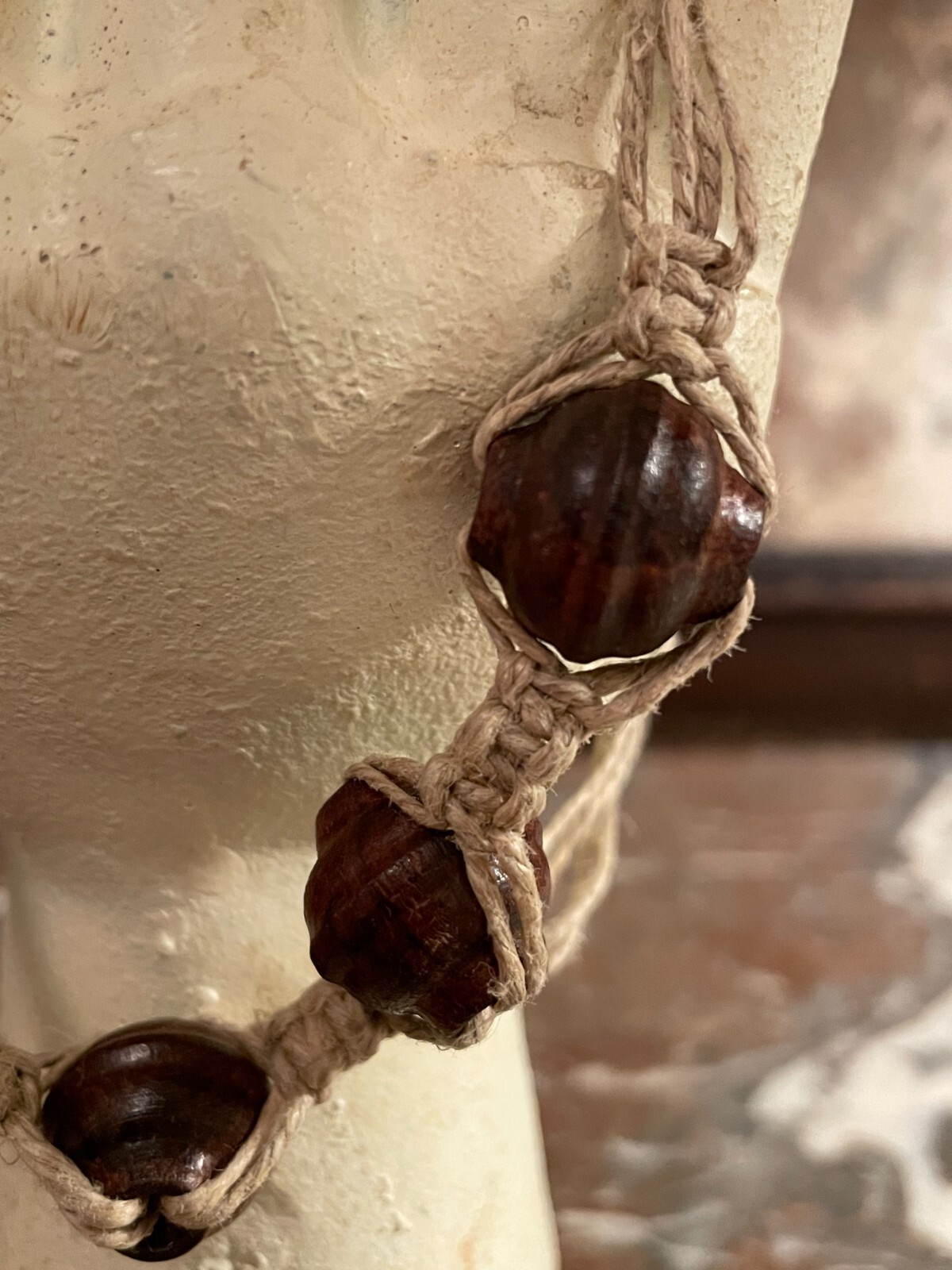 Vintage Hemp and Wood Bead Choker Necklace