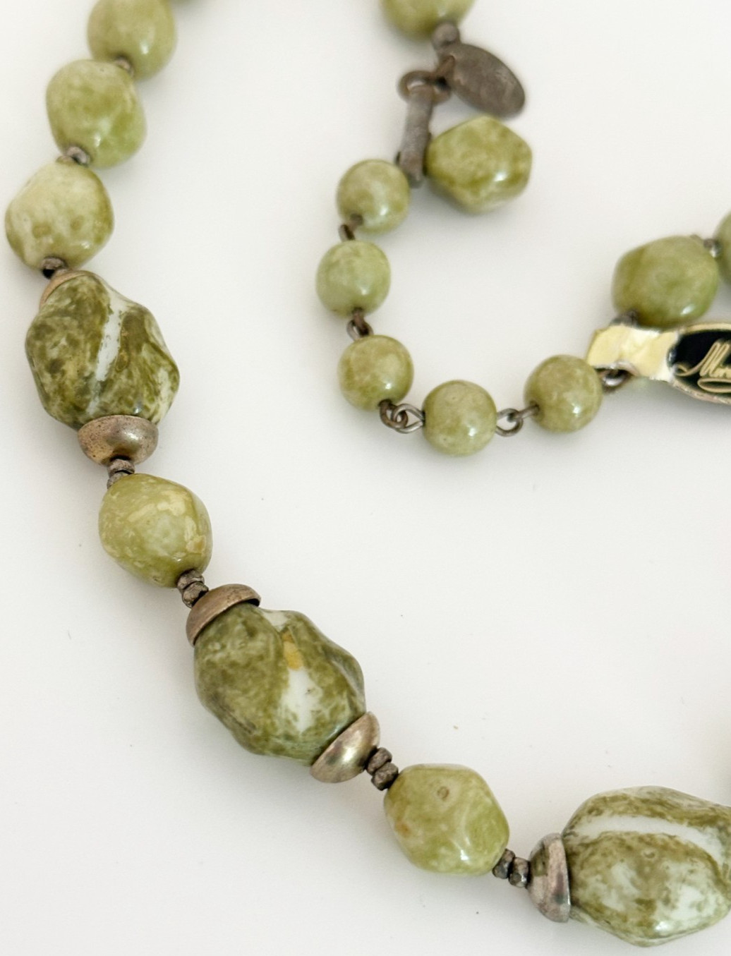 Vintage Signed Miriam Haskell Marbled Green Glass Nugget Bead Statement Necklace