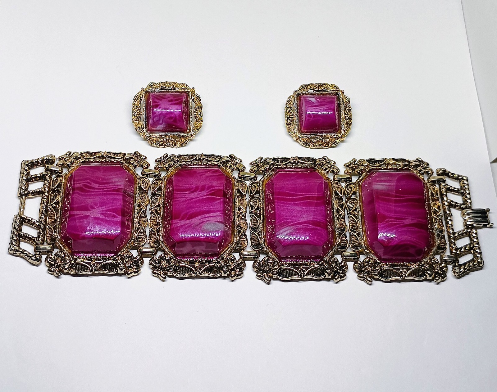 Vintage Purple Thermoset Lucite Chunky Wide Link Bangle Bracelet Earring Set
