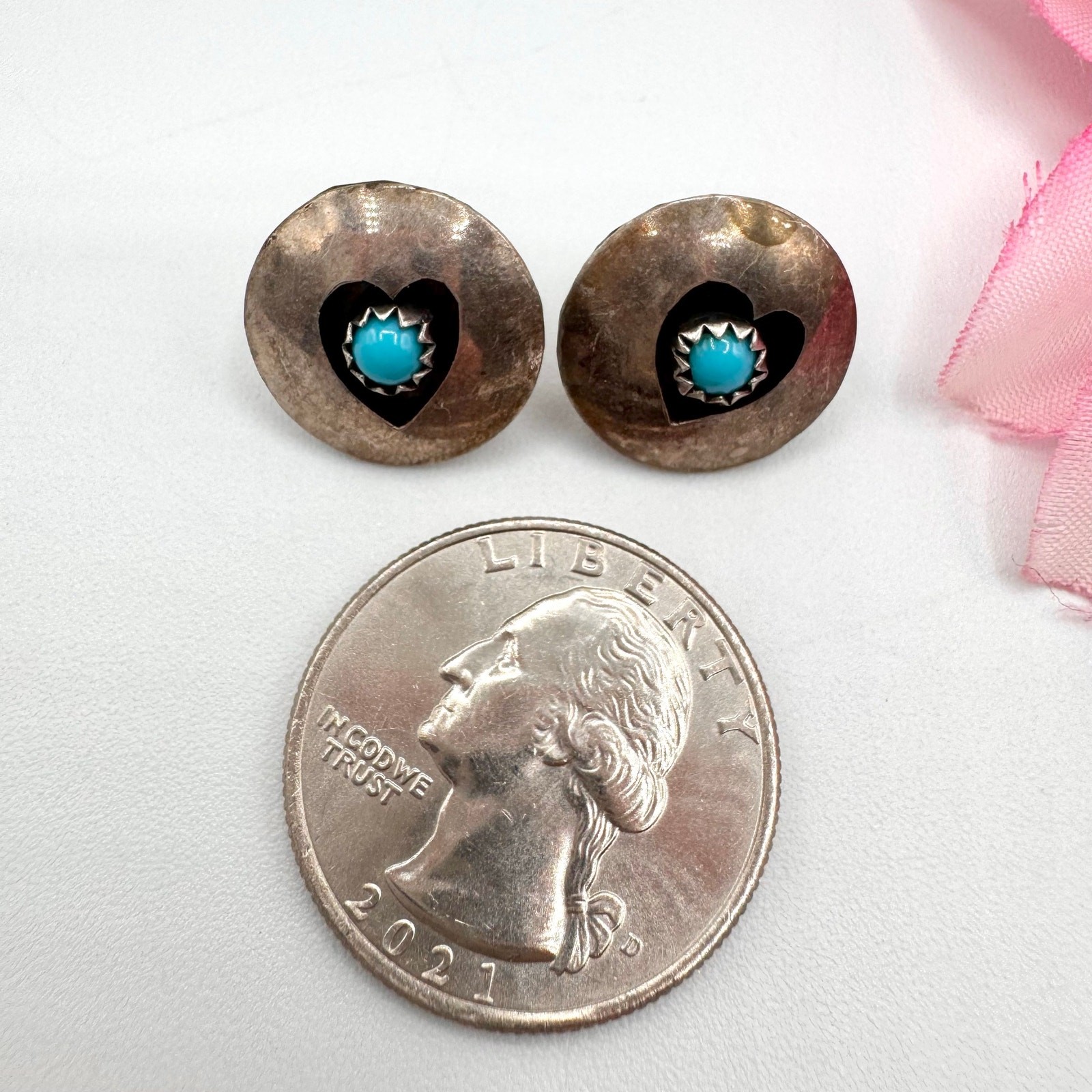 Southwestern Vintage Turquoise & Heart Silver Shadowbox Earrings Native Tribal