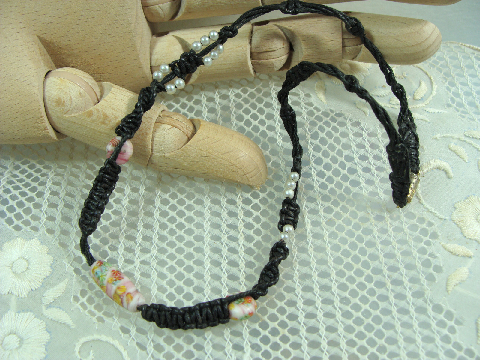 Vtg Millefiori Glass Bead Faux Pearl Hemp Macrame Bohemian Hippy Choker Necklace