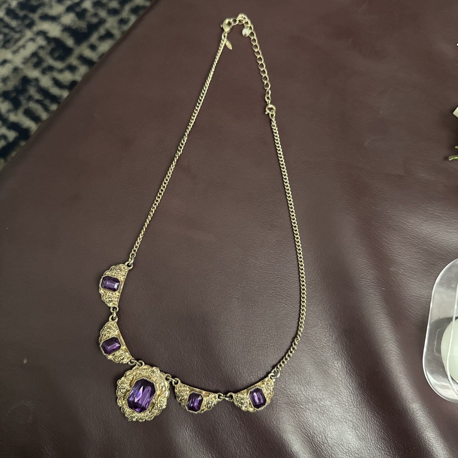 Vintage NEW In Bag AVON Purple Glass Station Necklace Signed NWT