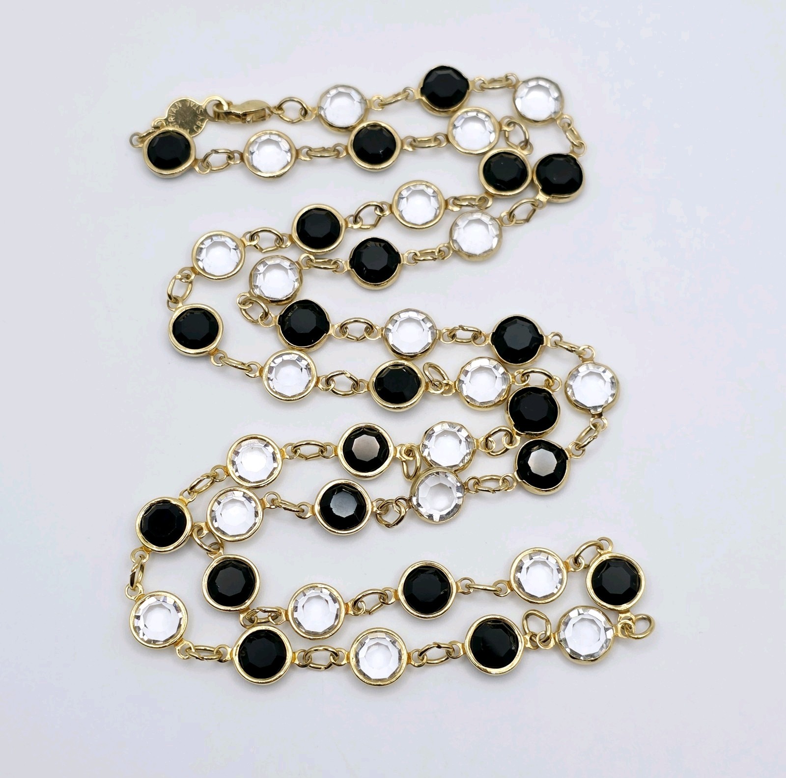 Vtg Austrian Crystal Bezel Station Necklace 30″ Bracelet Gold Tone Black Clear