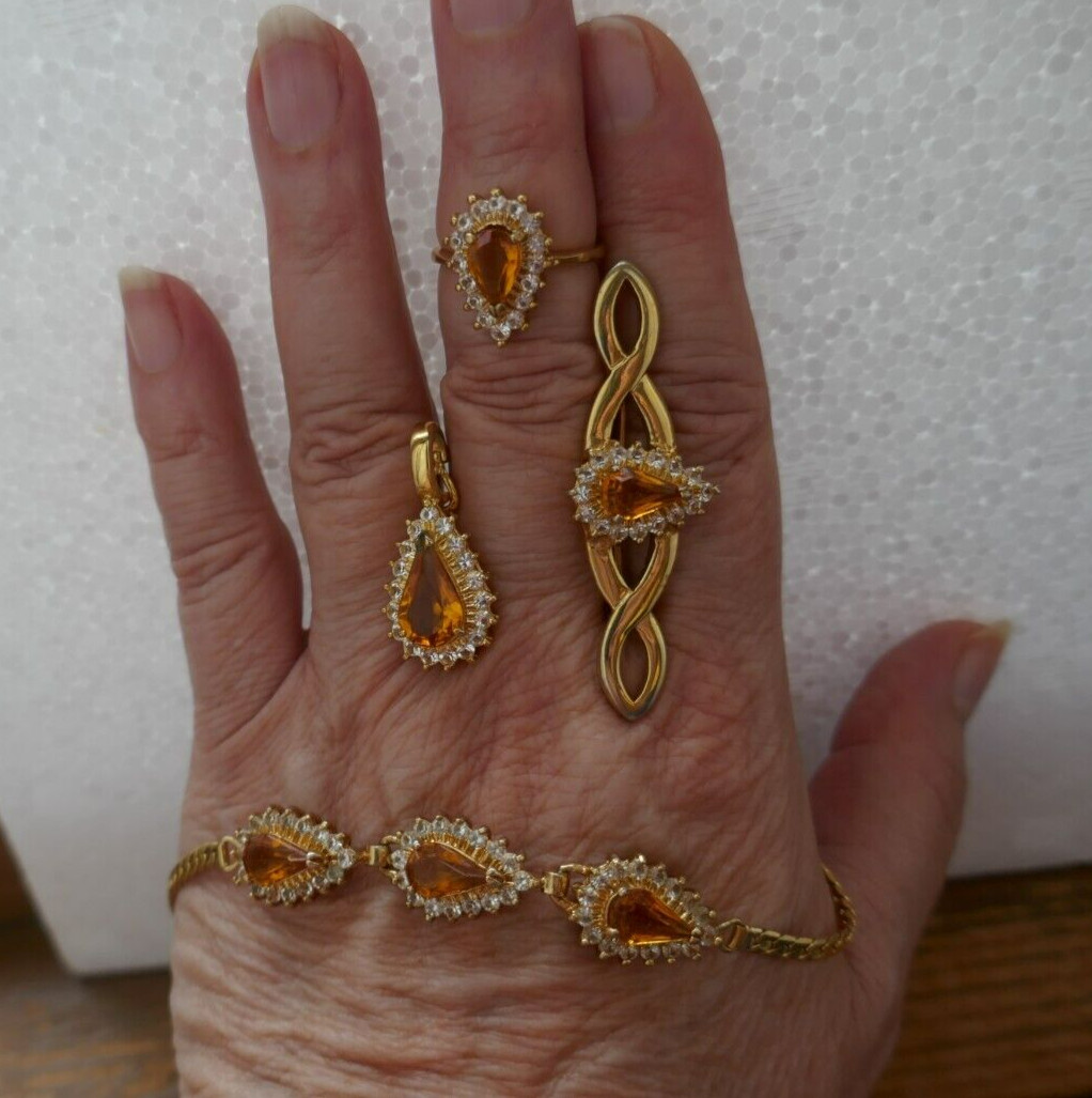 VTG Lot GP Set Citrine & Clear CZ Bracelet Pendant Necklace Enhancer Brooch Ring