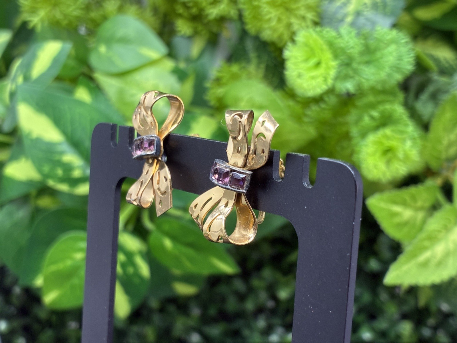 Vintage Coro Mid Century Gold Tone Bows Purple Rhinestones Earrings Screw Back