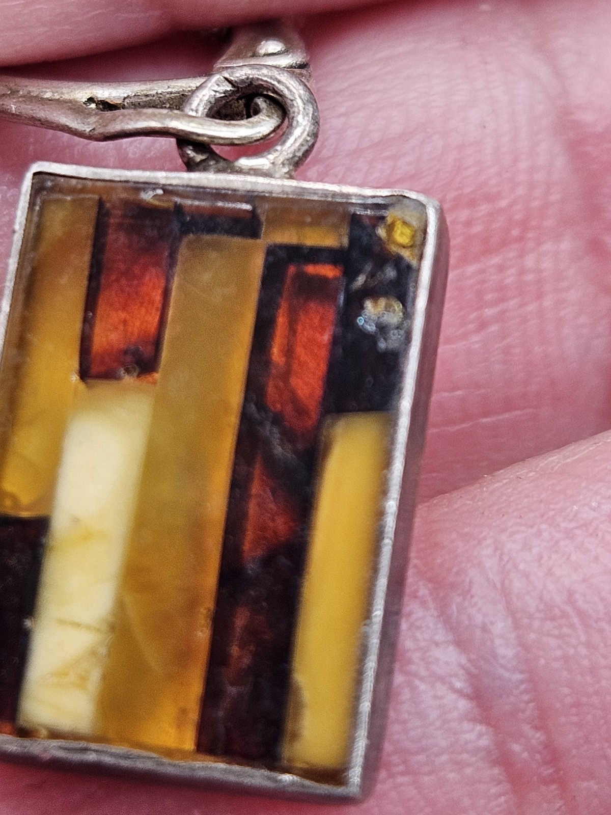 Vintage Sterling Silver Multicolor Amber Inlay Dangle Petite Earrings