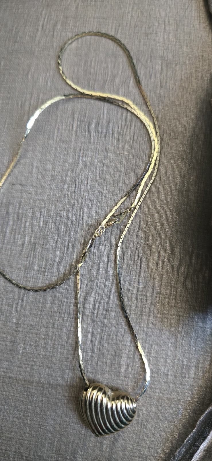 Goldtone Vintage Lined Puff Heart on 24 Inch Snake Chain Necklace