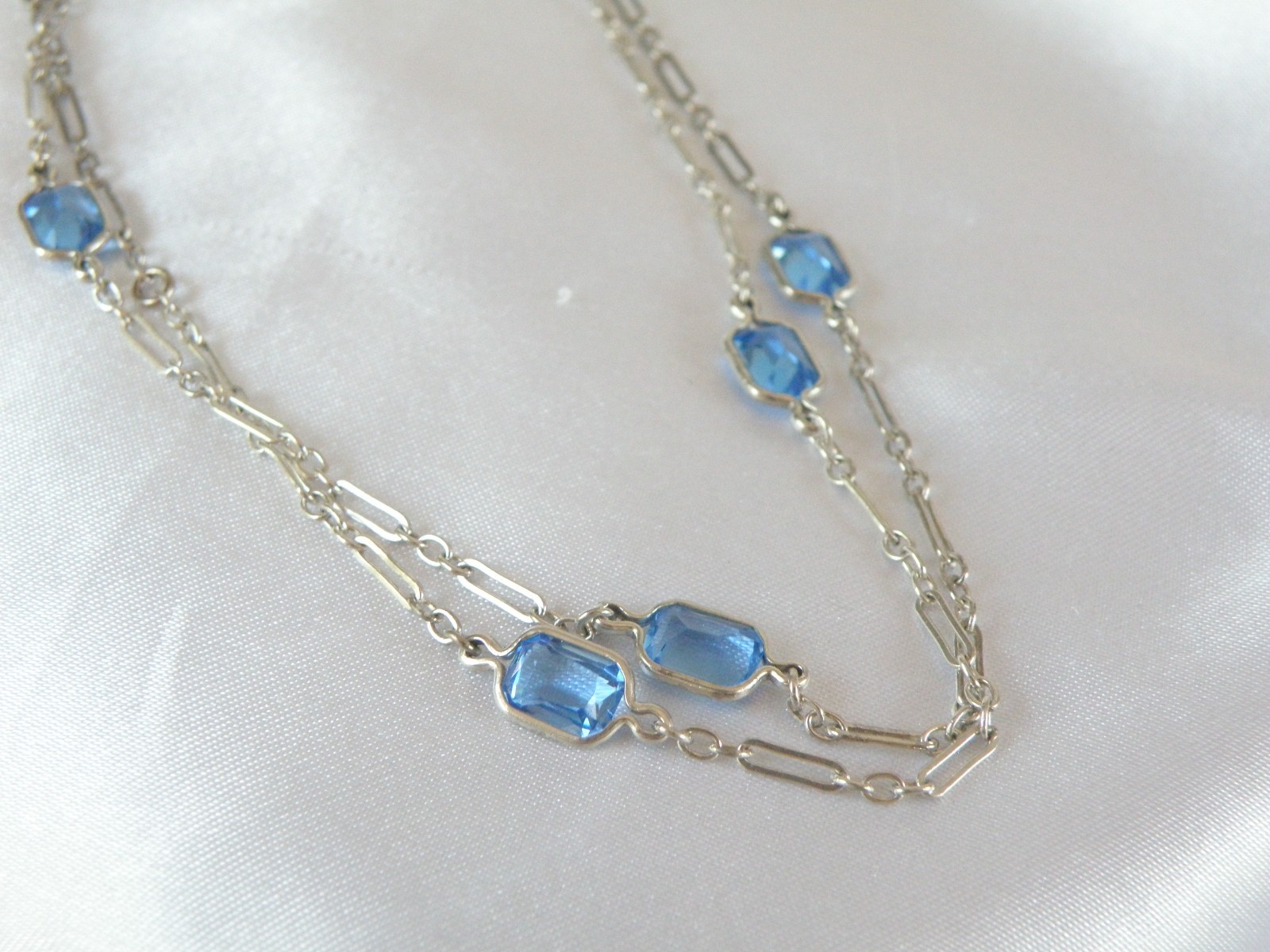 Antique Sterling Silver 925 Blue Gemstone Station Vintage Paperclip Necklace 25″