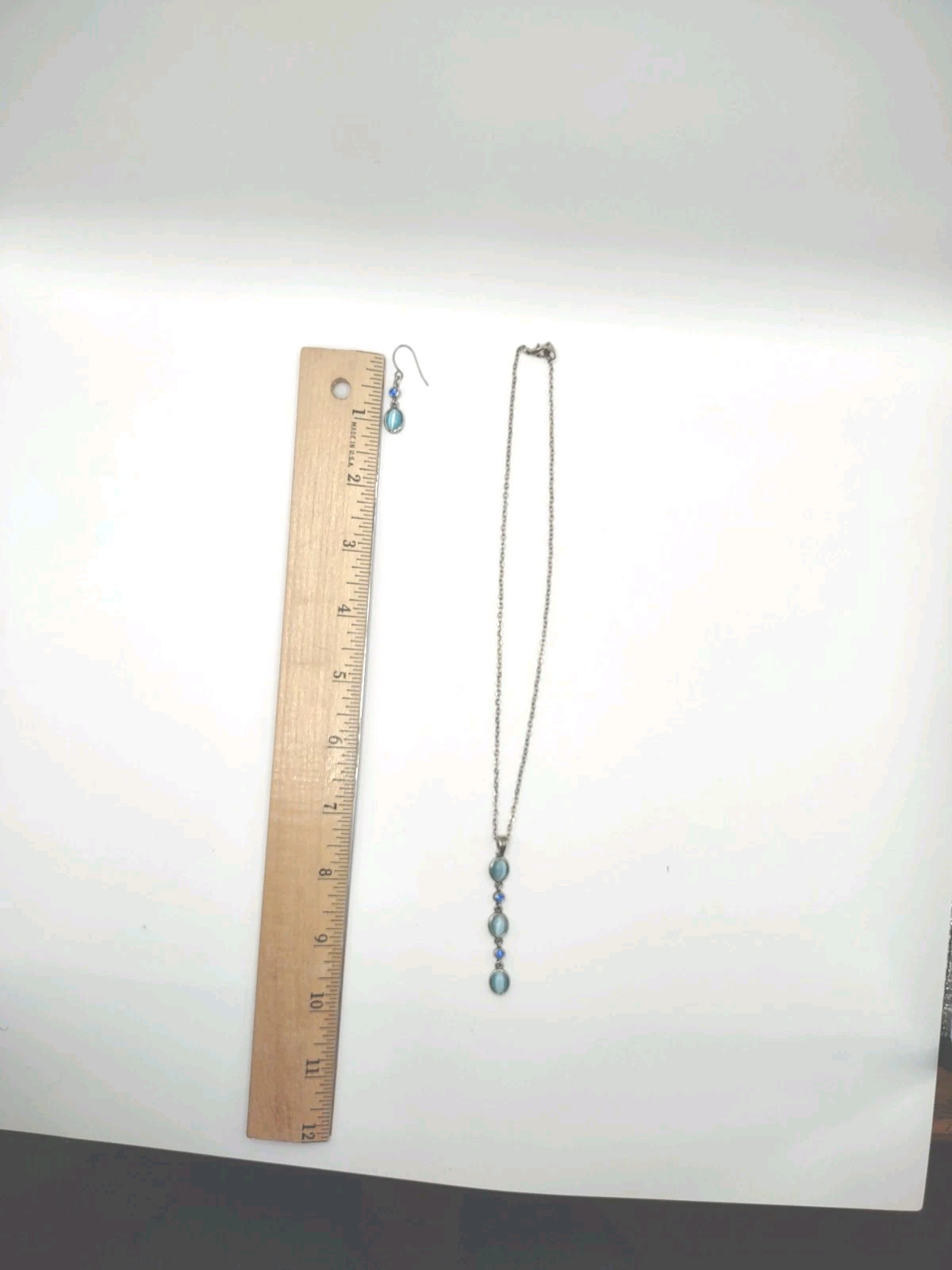 Silver Tone Necklace pierced Earrings blue Iridescent Stones Fashion Jewelry