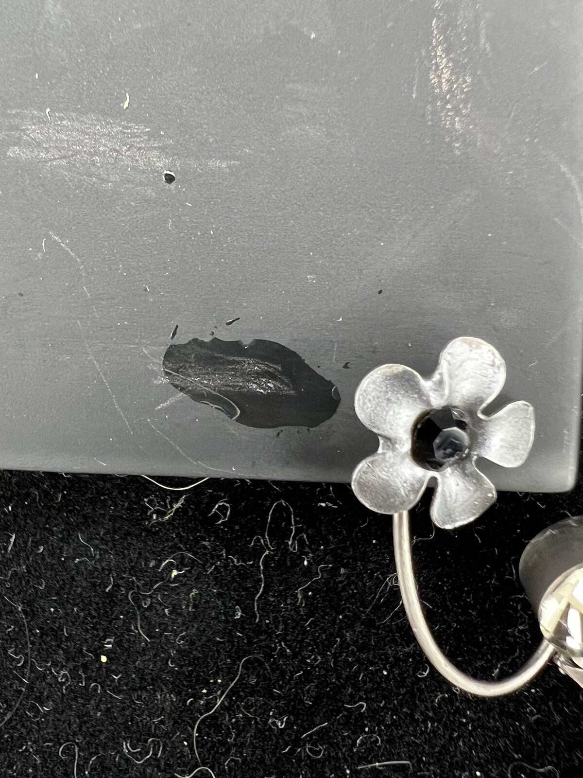 Vintage Sterling Silver, Faux Gray Pearl And Crystal Necklace, Black Flowers