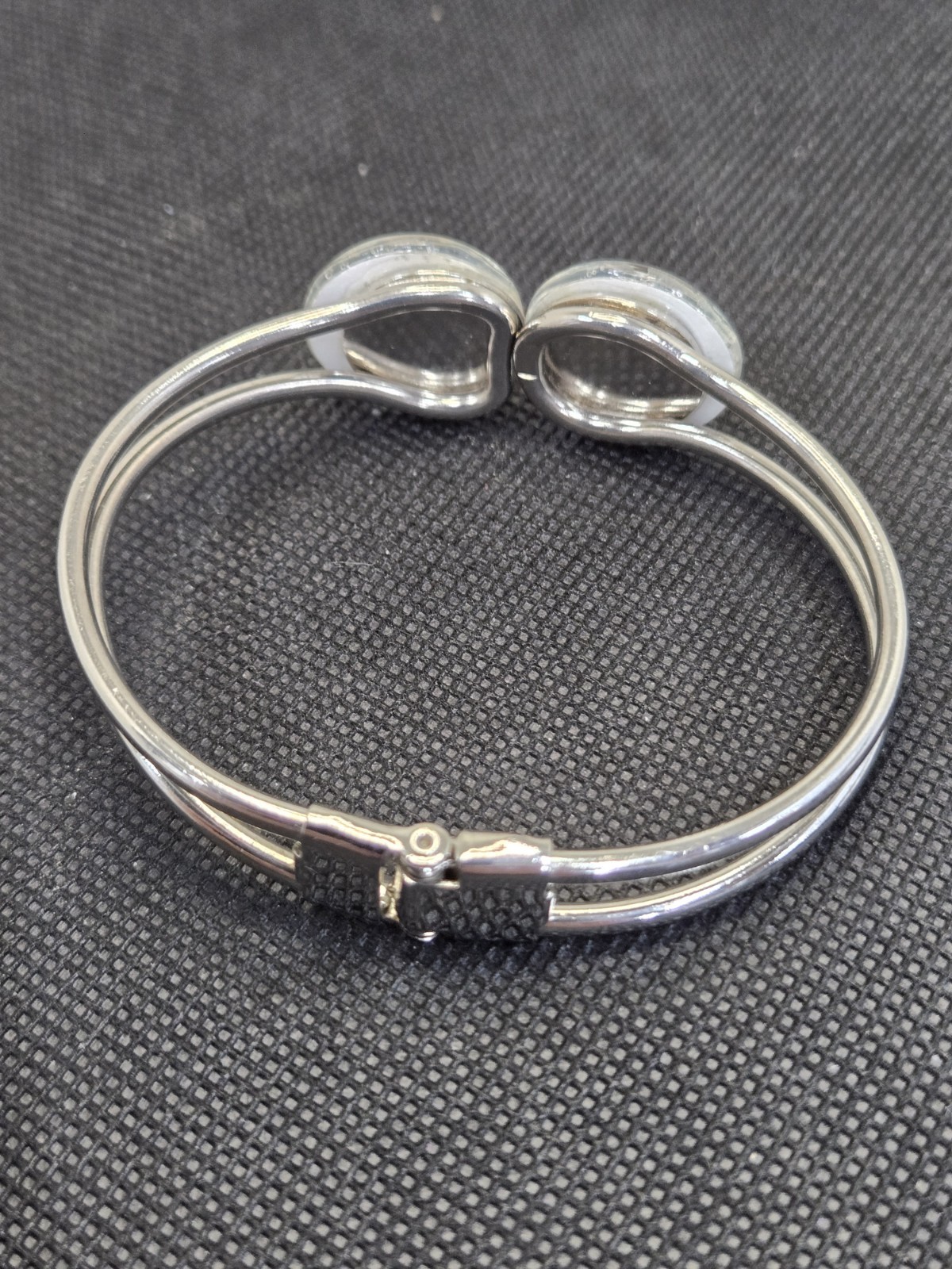 Vintage Silver Tone Hinged Cuff Bracelet | Double Bezel Art Glass Cabochons |…