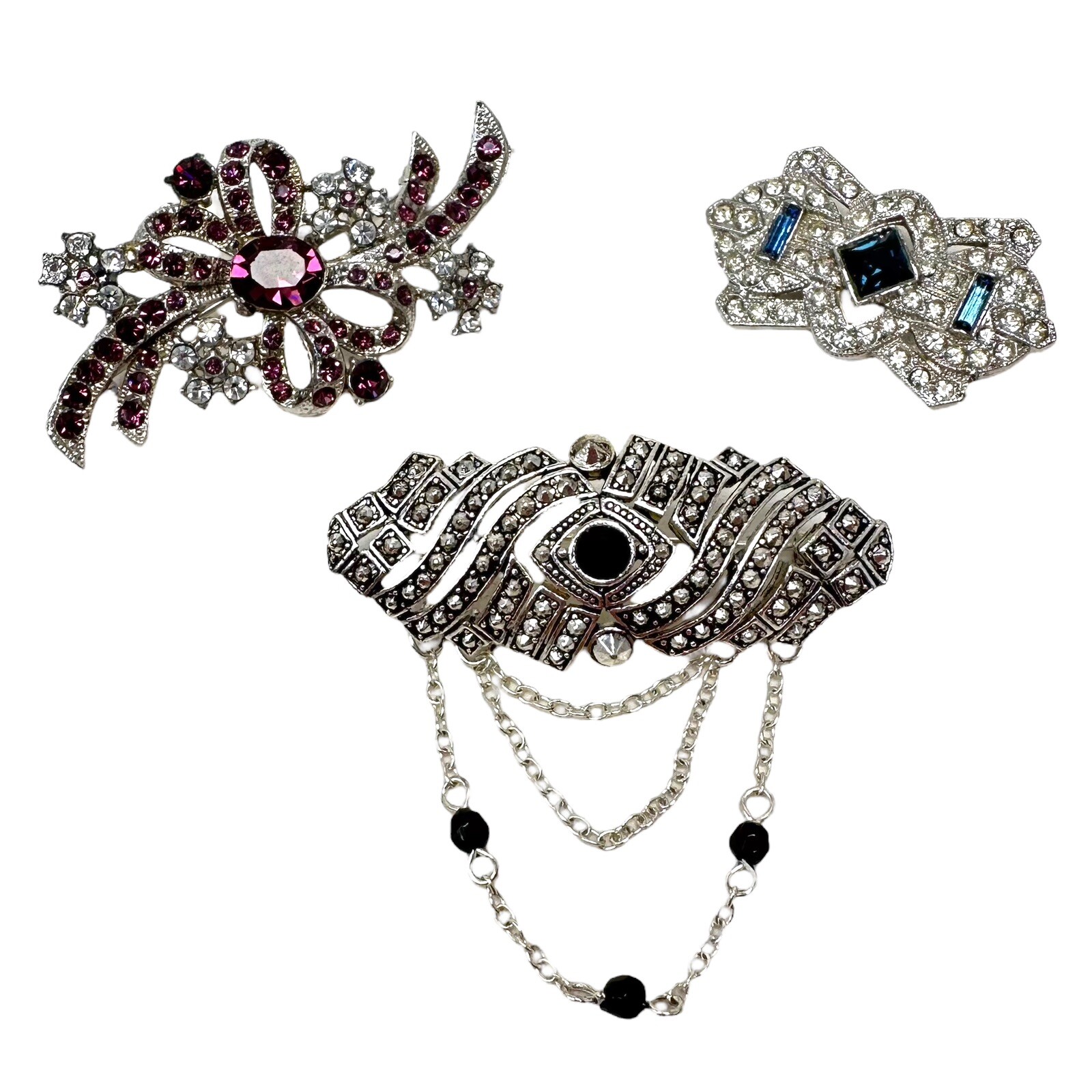Vintage Lot Of 3 Silver Tone Rhinestone Brooch Pins Purple Blue Dangle